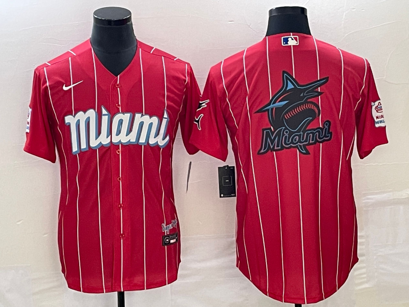 Men's Miami Marlins Red Team Big Logo Cool Base Stitched Baseball Jersey Men's Miami Marlins Red Team Big Logo Cool Base Stitched Baseball Jersey